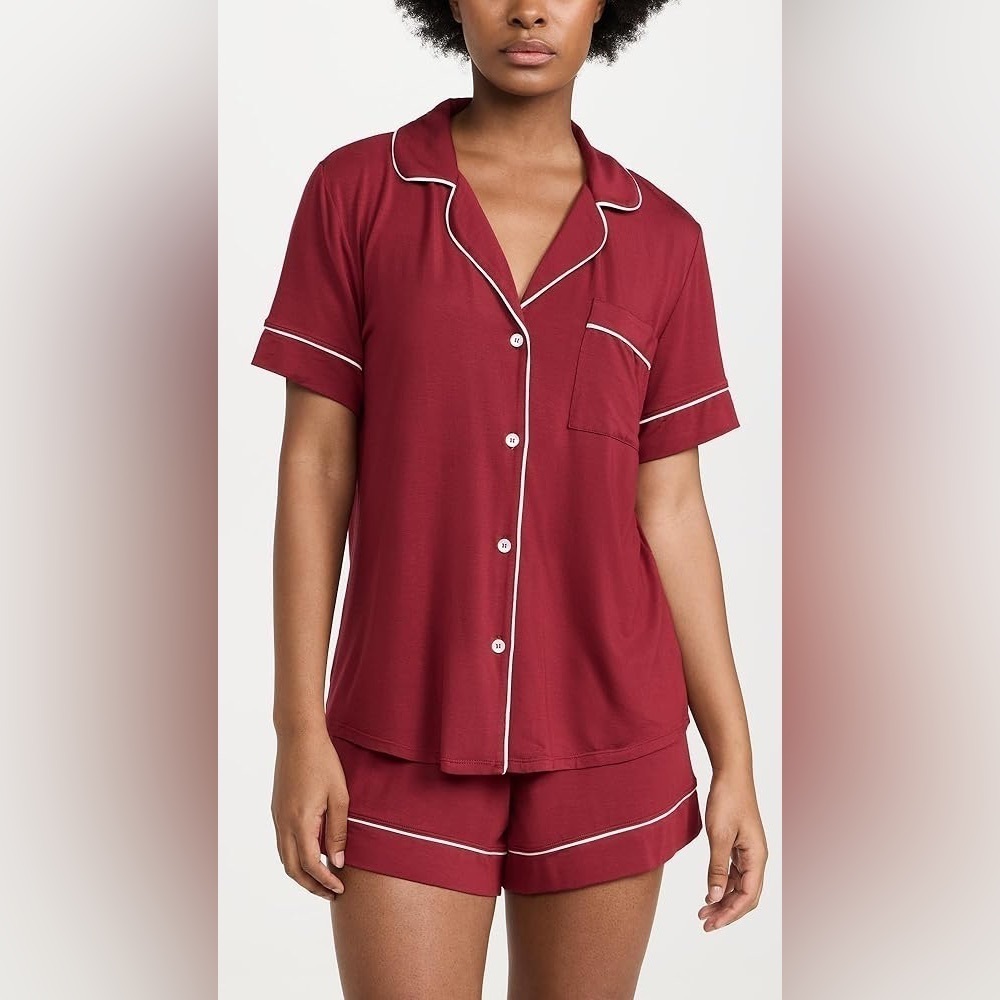 Eberjey Gisele pajama sangria top short sleeve modal shirt ivory piping pocket